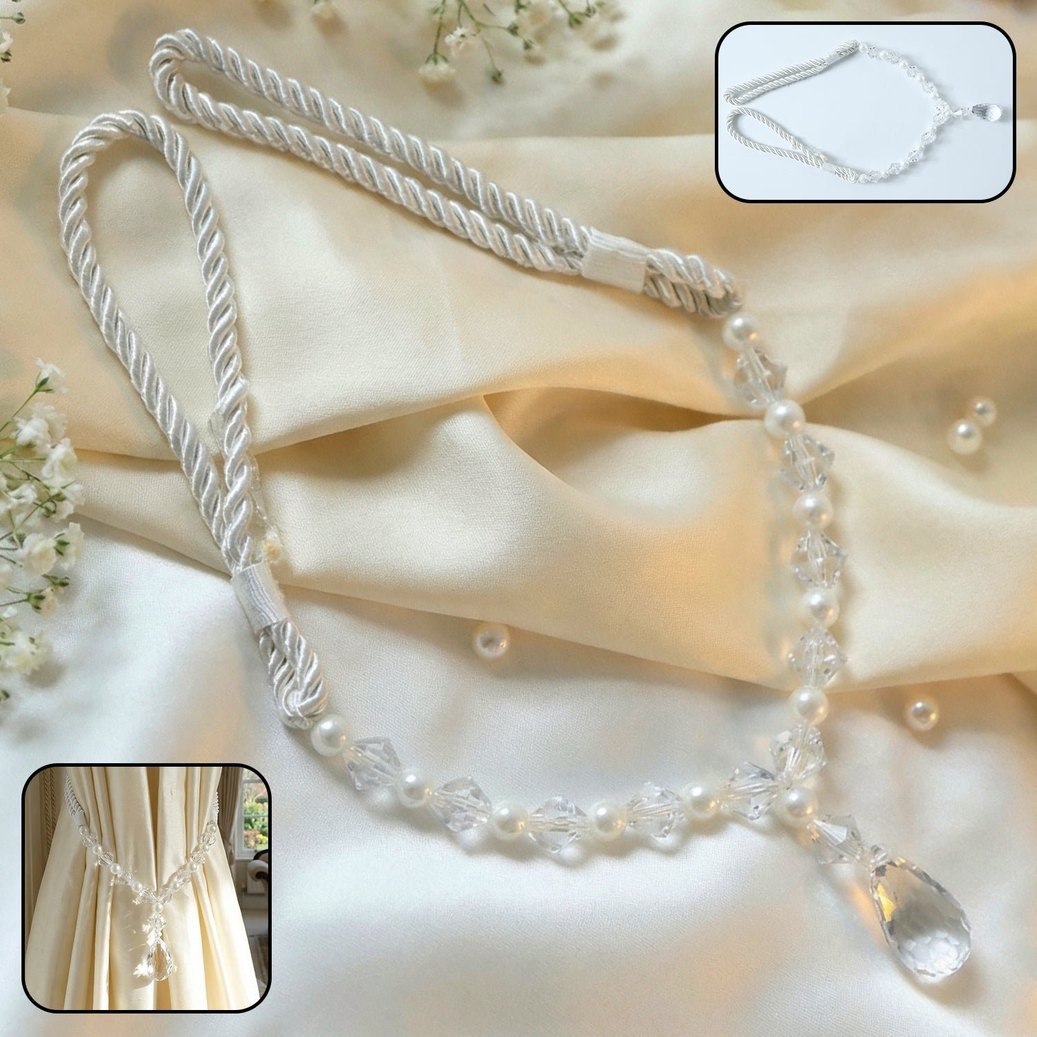 Crystal Pearl Beaded Curtain Tieback – Elegant Twisted Rope Design