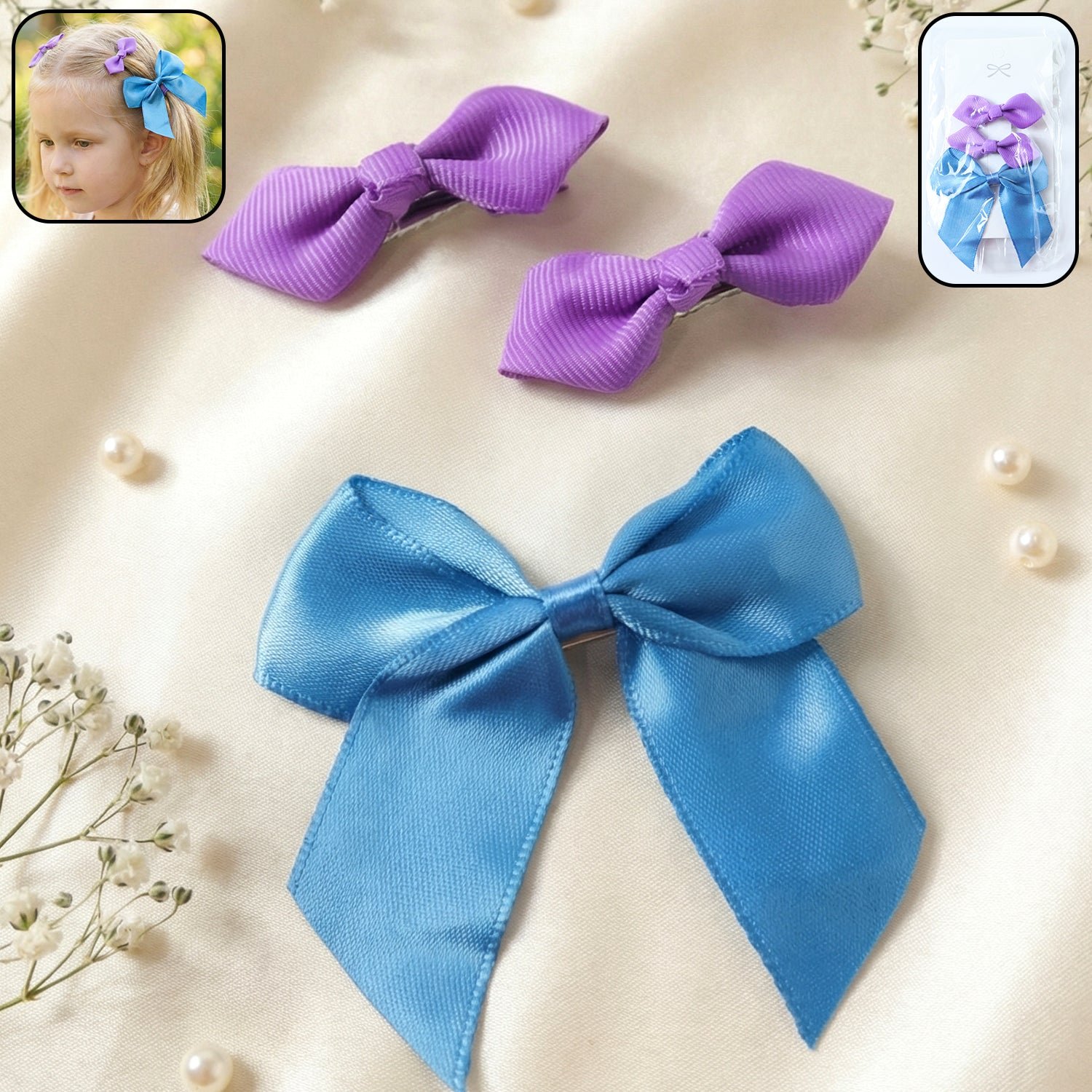 Satin Ribbon Bow Hair Clips – Elegant 3 Pc Girls' Set