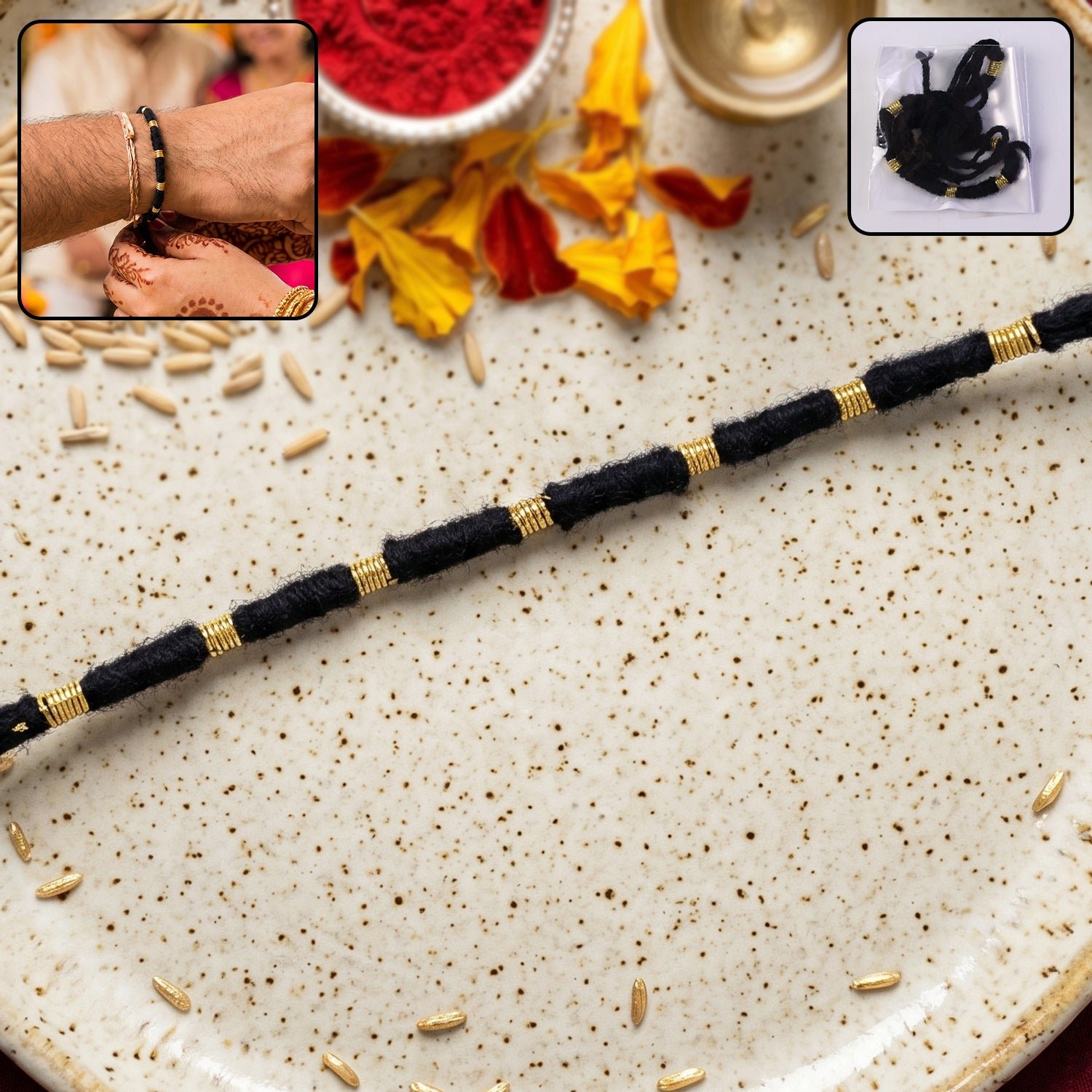 Rakhi – Handmade Black Thread with Gold Beads for Raksha Bandhan