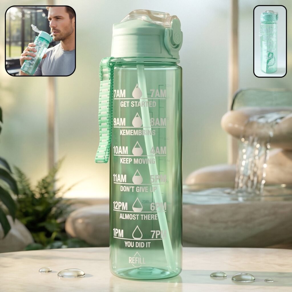 Motivational Water Bottle – 900ML with Time Marker & Flip Lid