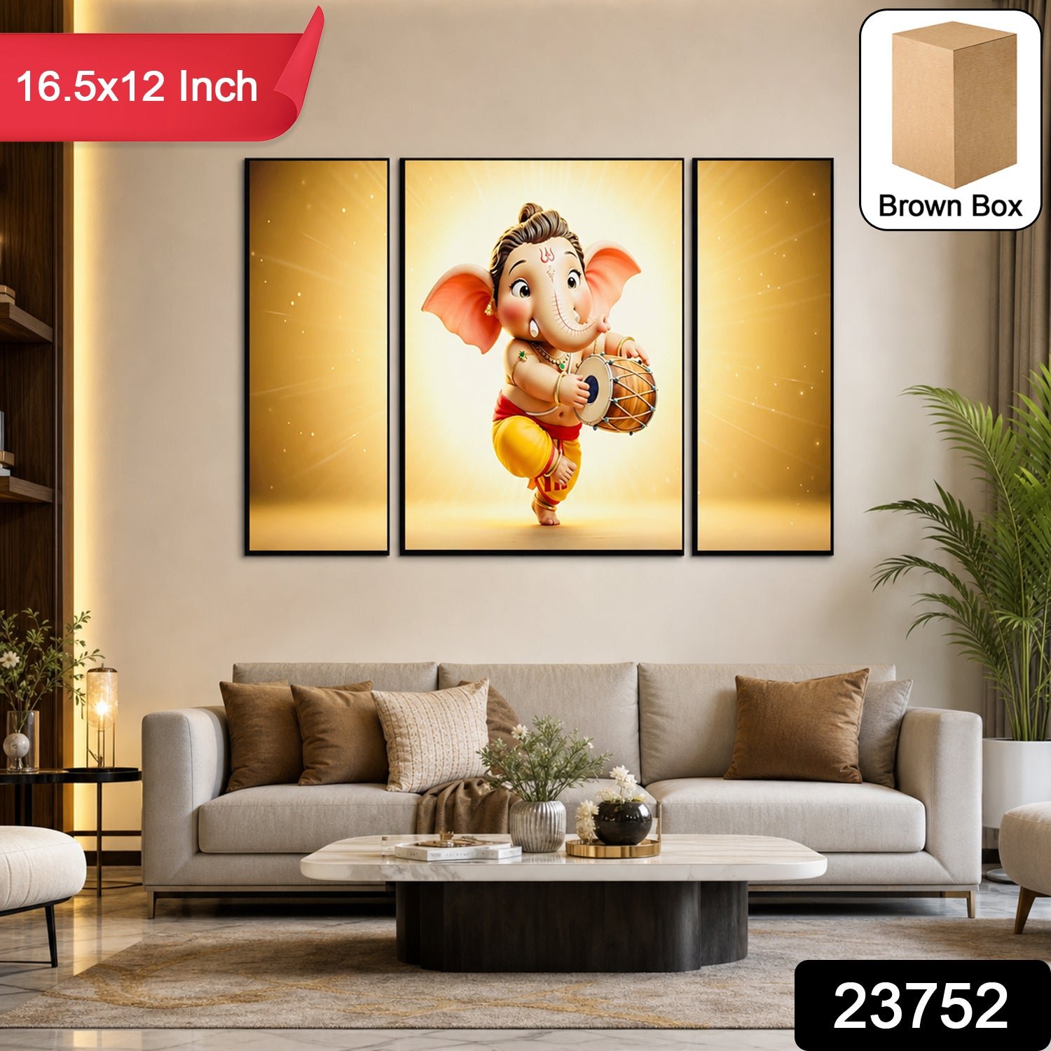 Ganesha Religious Wall Art – Vibrant 3 Panel MDF Frame - Image 2