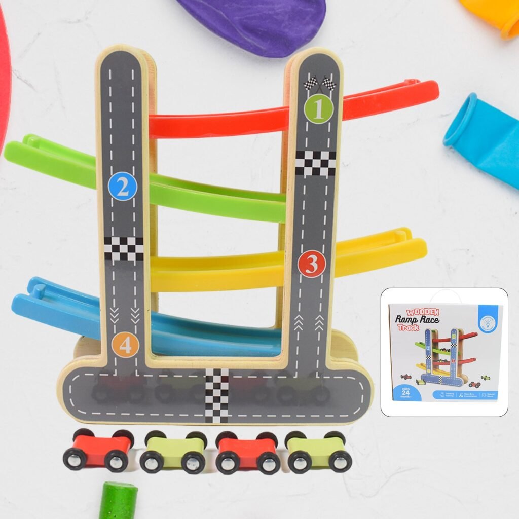 Wooden Race Track - 4-Level Car Ramp Set for Toddlers | Action Legion