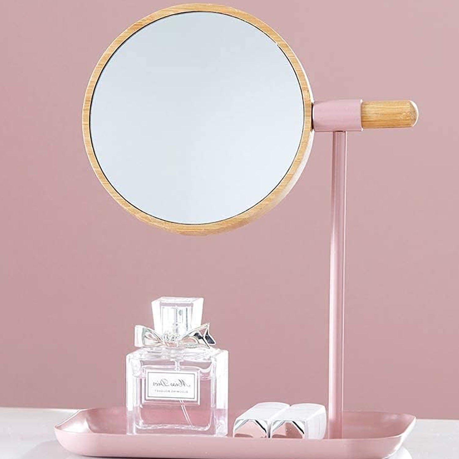 Tabletop Makeup Mirror – Modern Round Frame with Wooden Finish