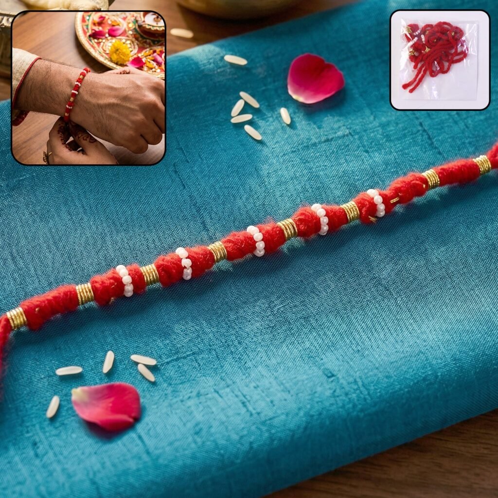 Handmade Red Rakhi with White Beads – Traditional Celebration Accessory