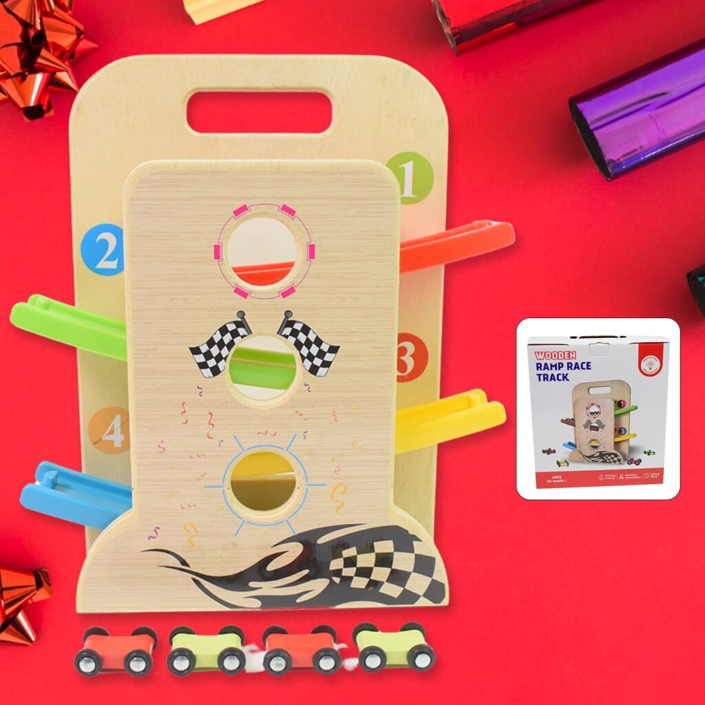 Wooden Ramp Racer - 4 Cars & Handle for Kids | Action Legion