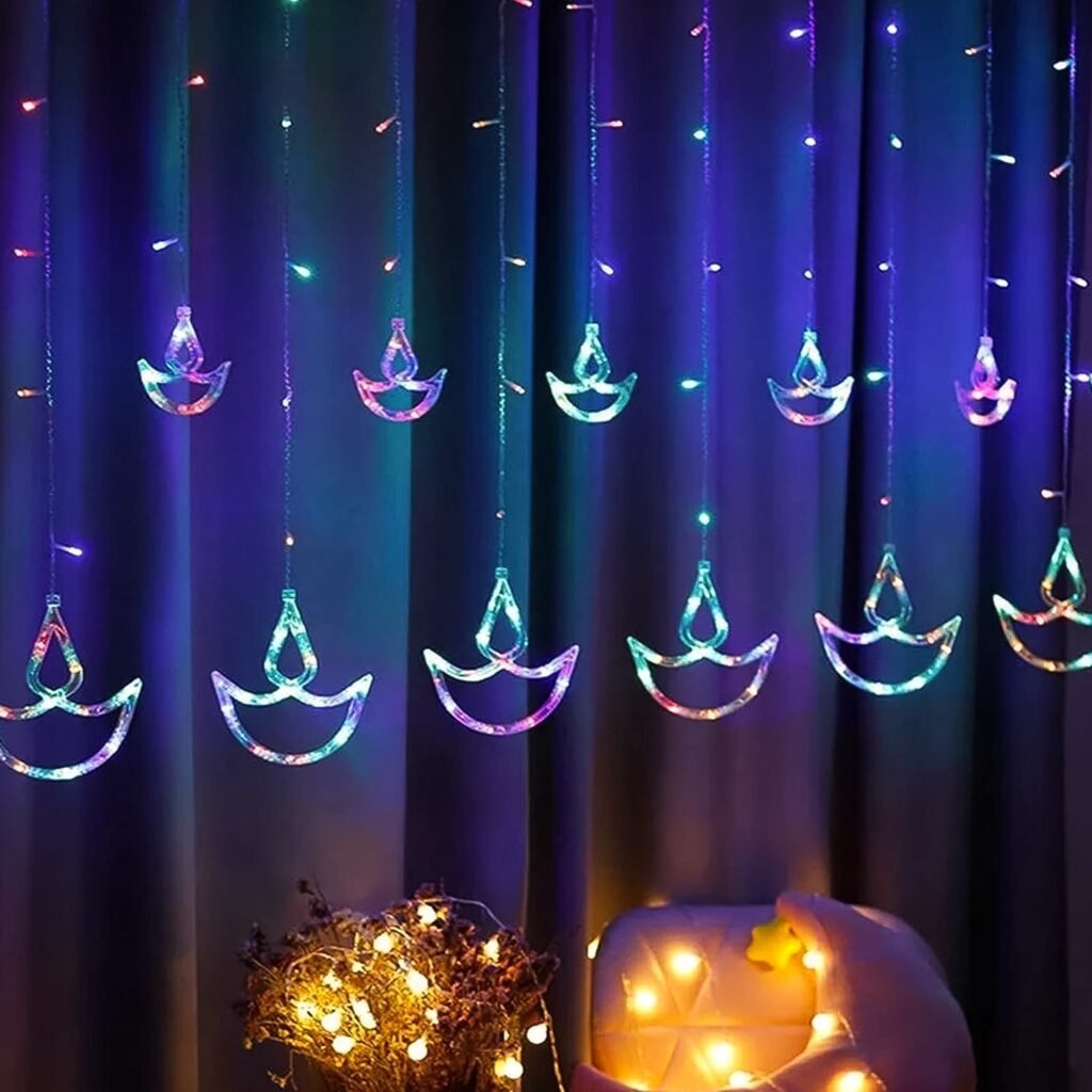 Diya Curtain String Lights – Multicolor 12 Diya | Indo Glow