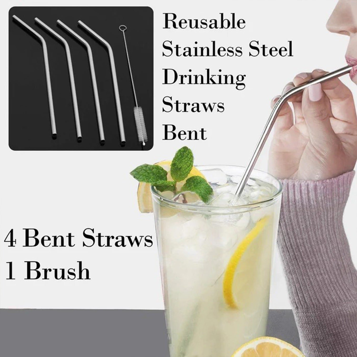 Stainless Steel Straws – Reusable Bent Set with Brush | Siplix - Image 2