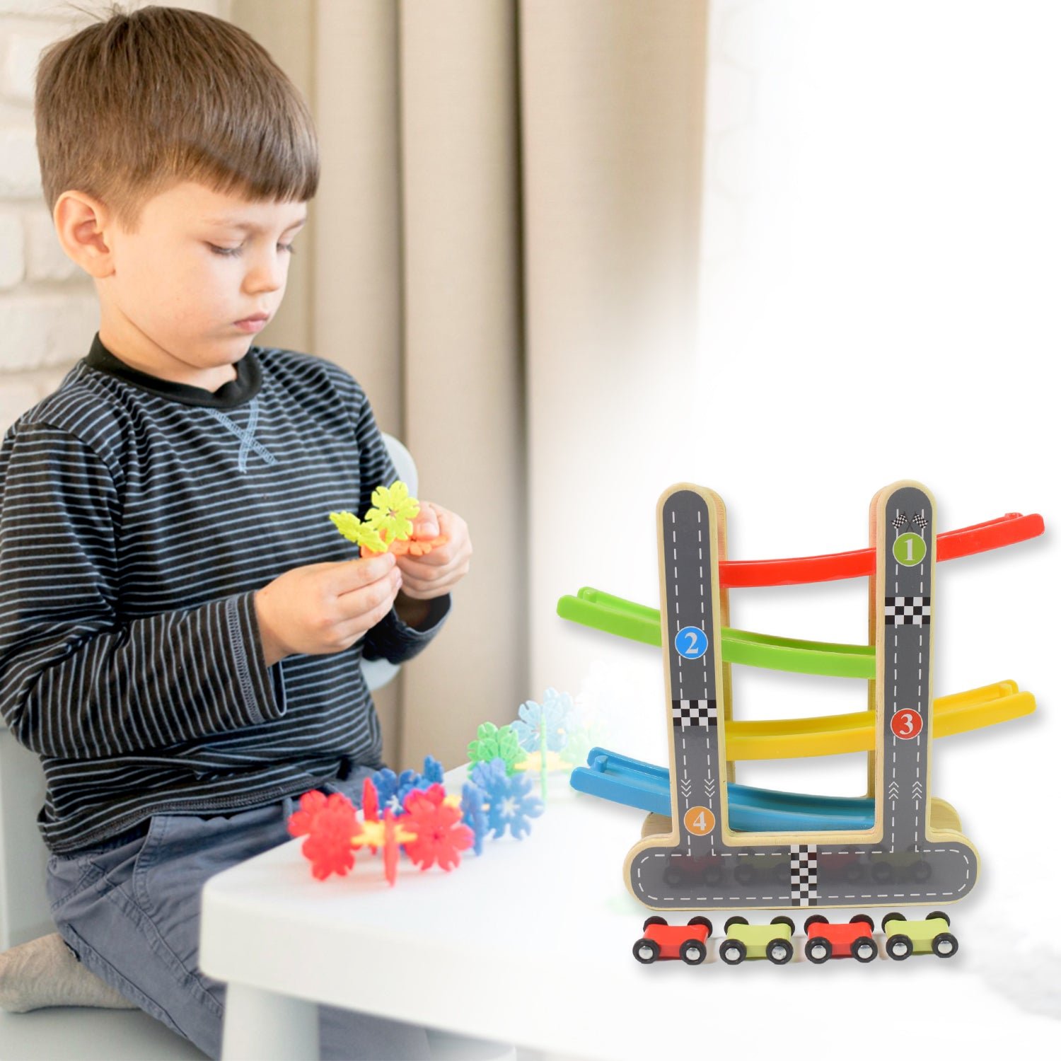 Wooden Ramp Racer - 4 Cars & Handle for Kids | Action Legion - Image 3