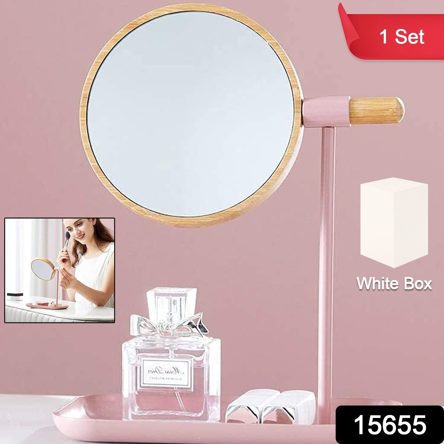 Tabletop Makeup Mirror – Modern Round Frame with Wooden Finish - Image 2