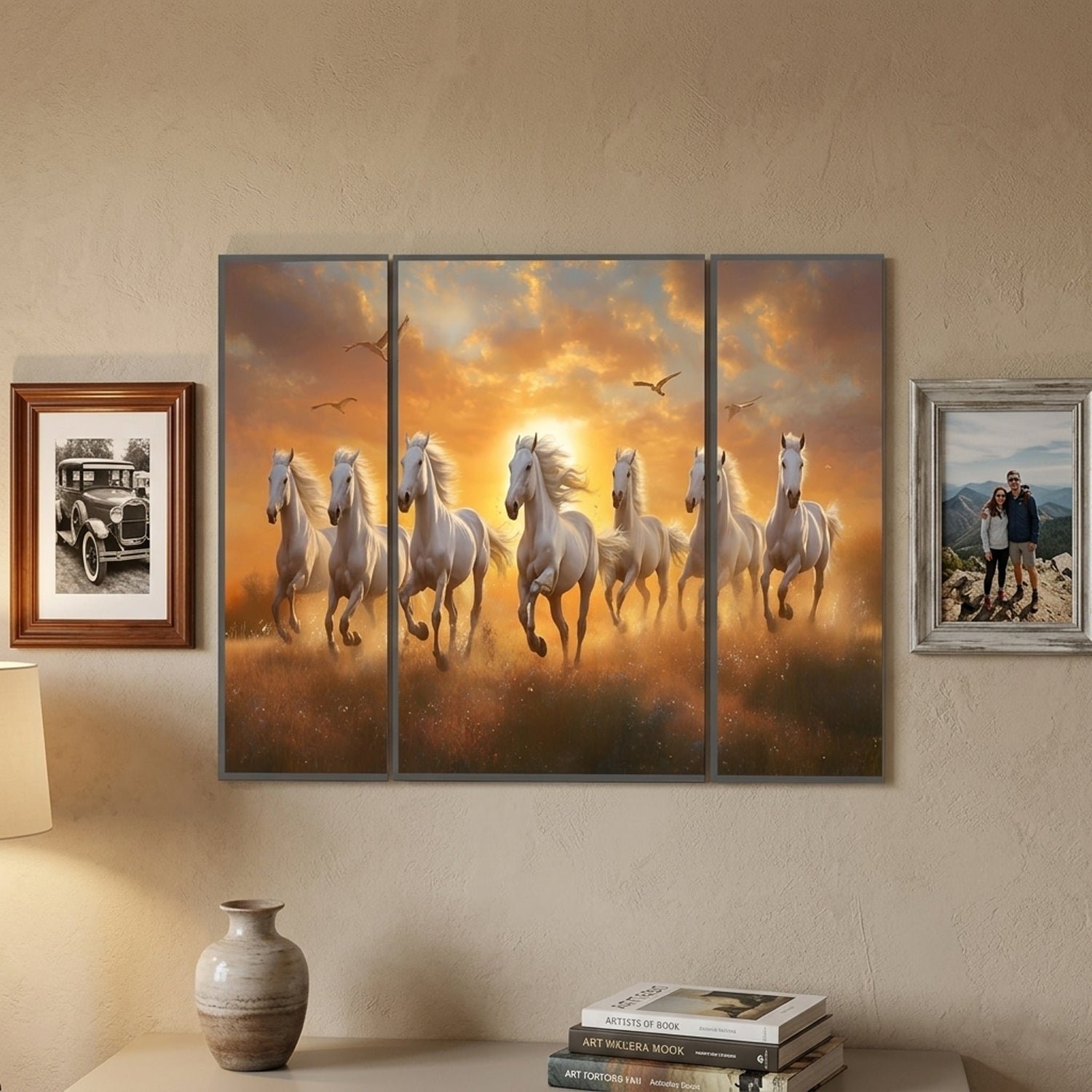 Horses Sunset Wall Art – Vibrant 3-Panel MDF Canvas for Home Decor