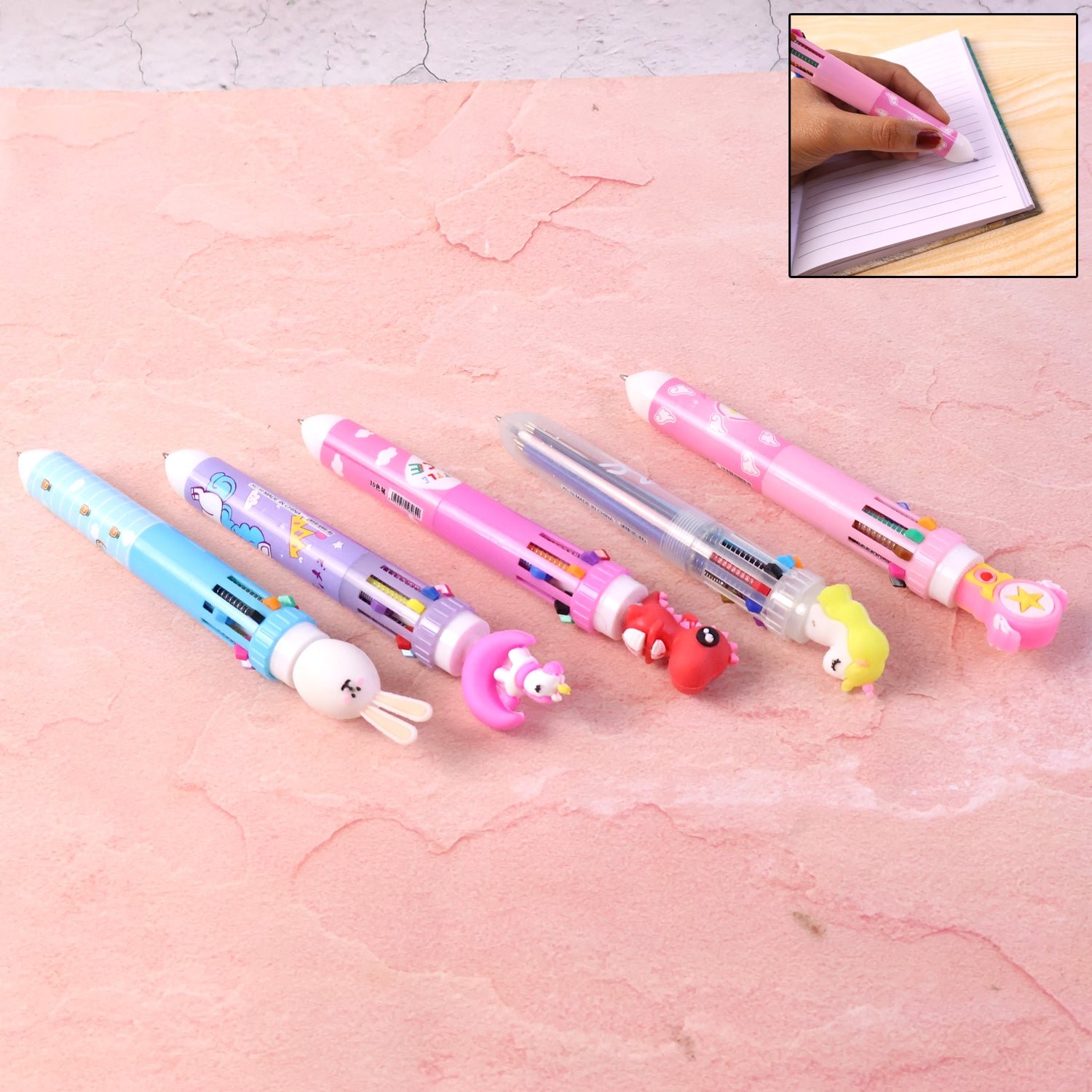 10-in-1 Multicolor Ball Pen – Smooth Writing with Cute Character Design