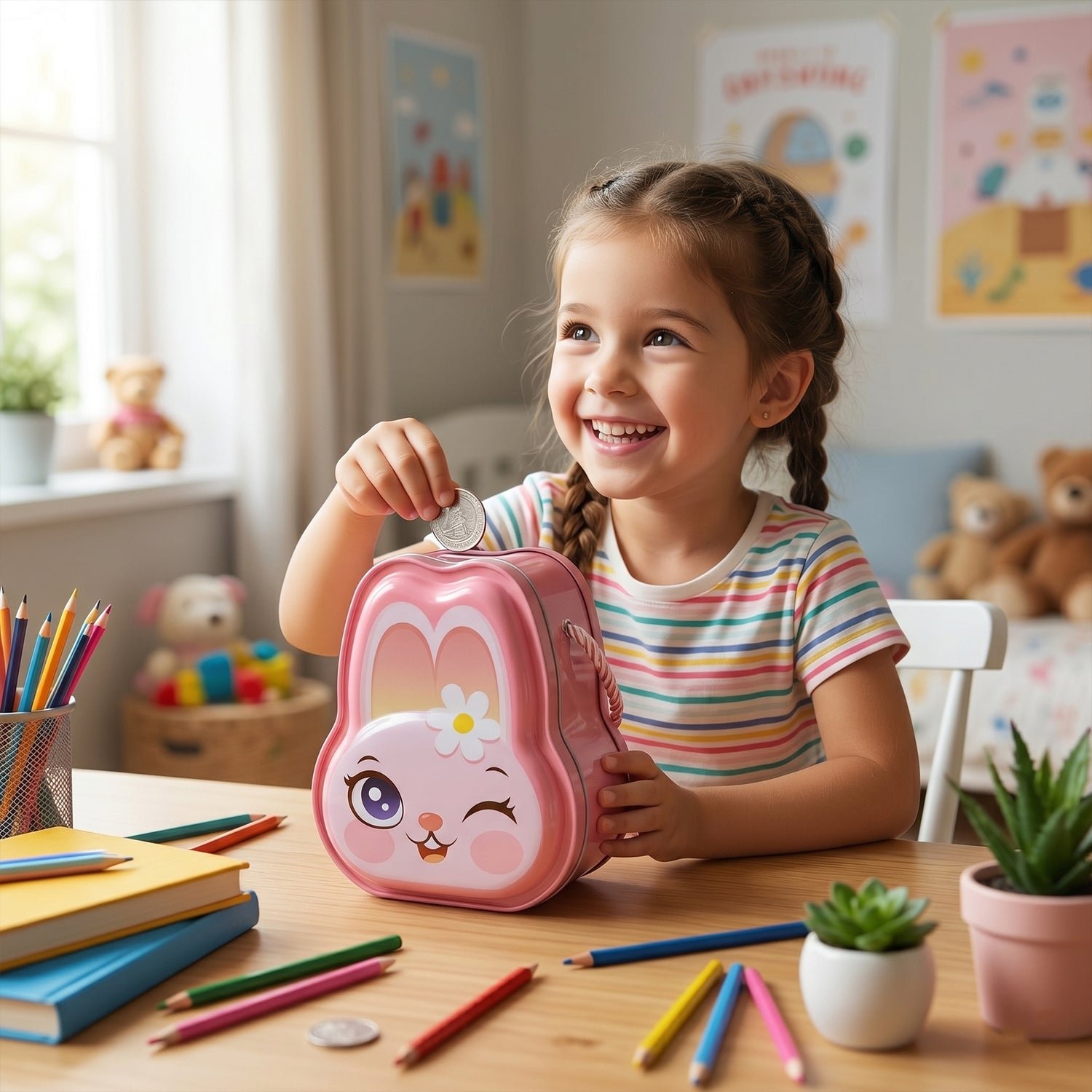 Kids Safe Lockable Bunny Piggy Bank – Fun & Durable Savings Toy