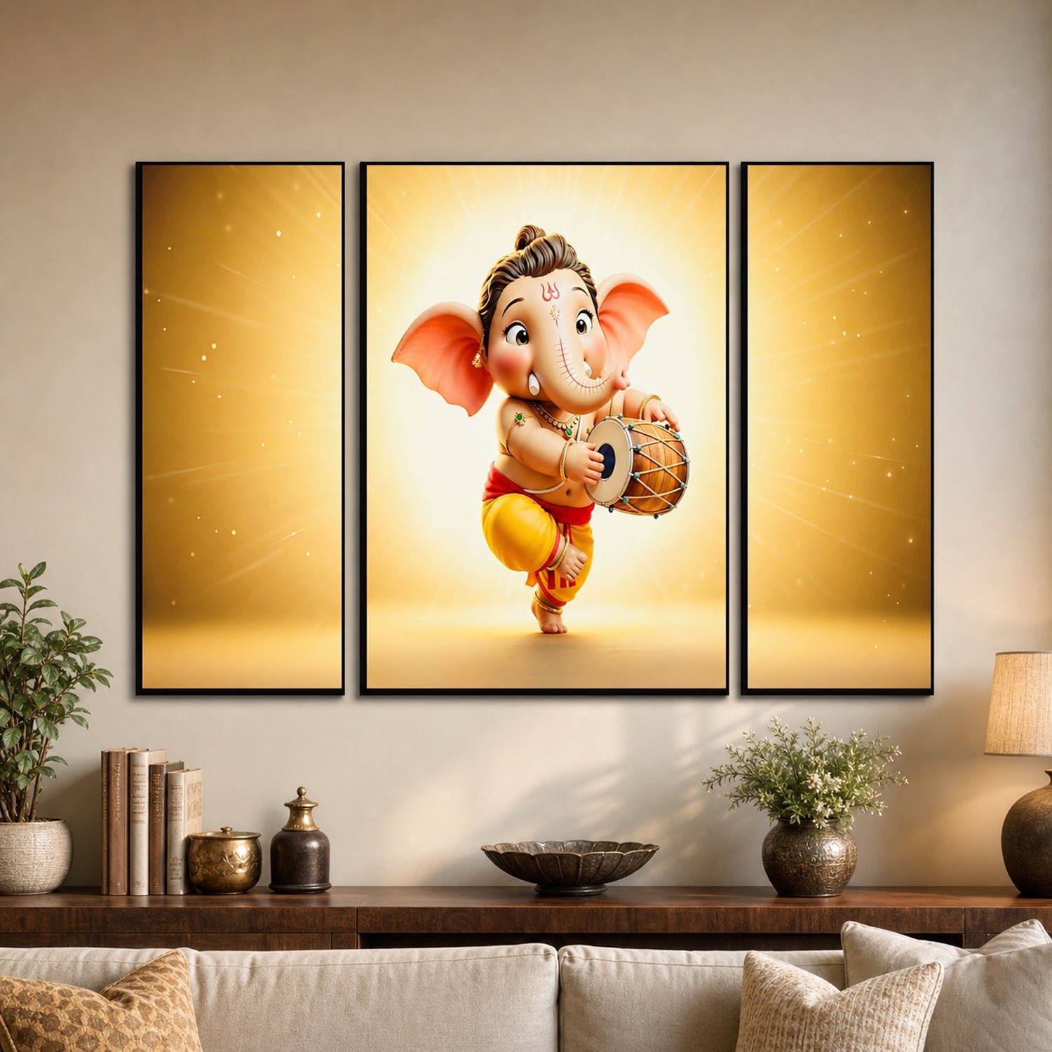 Ganesha Religious Wall Art – Vibrant 3 Panel MDF Frame - Image 3