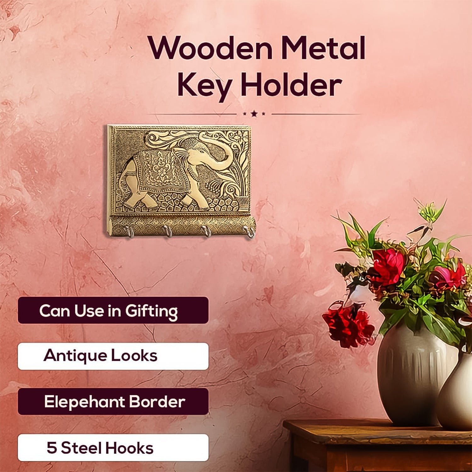 Elephant Key Holder – Wooden & Gold Wall Mount for Home | Styleva - Image 3