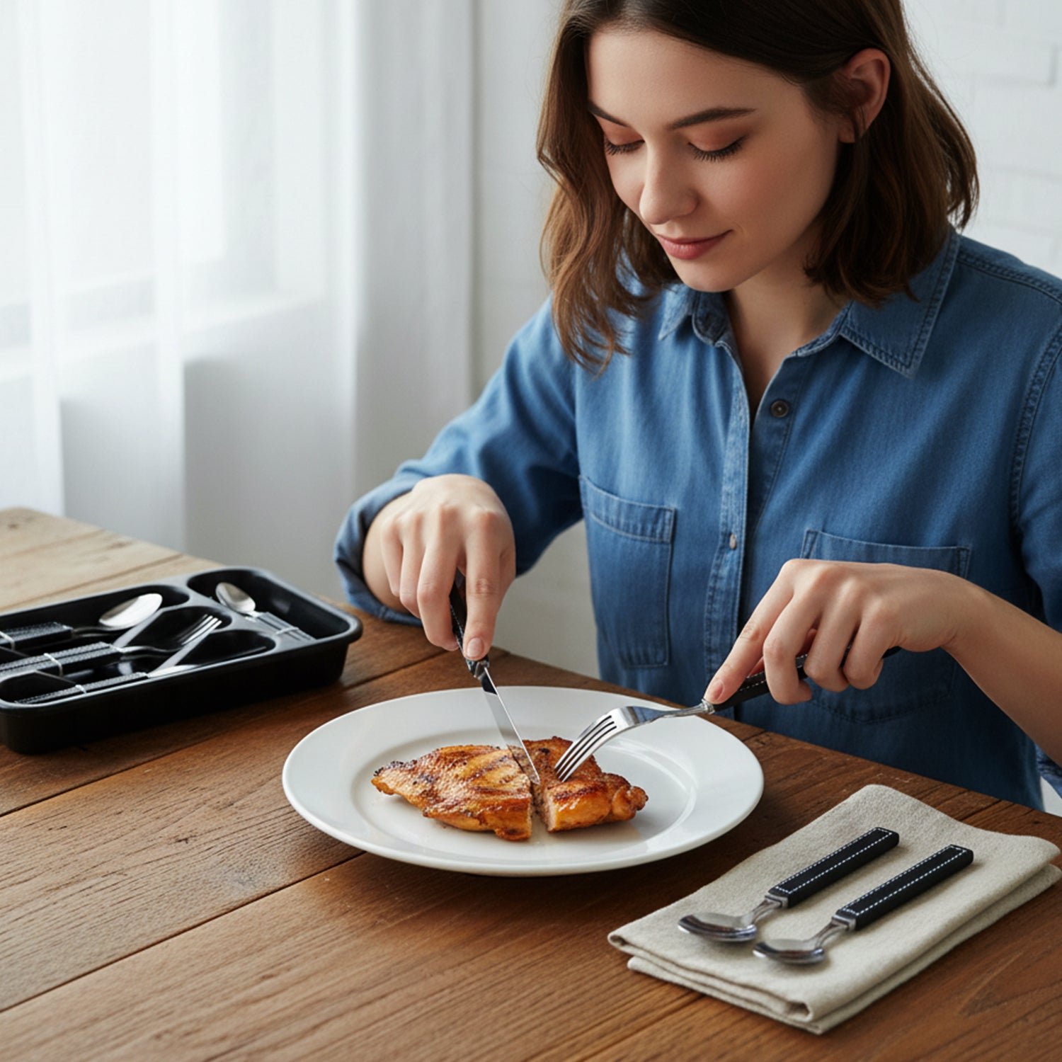 Stainless Steel Cutlery Set – 24-Piece with Plastic Handles & Tray - Image 3
