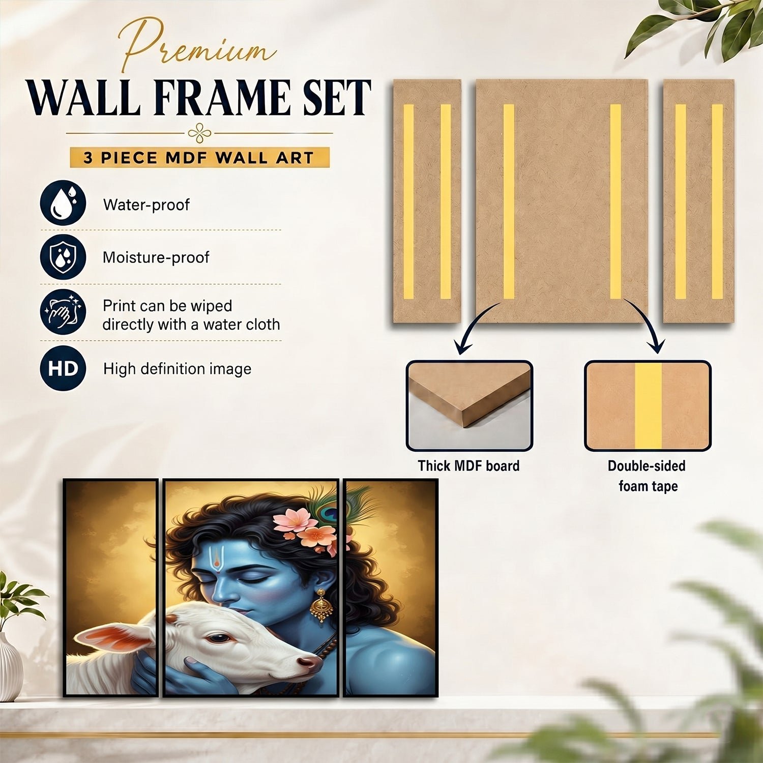 Krishna N Cow Wall Art – Vibrant 3 Panel MDF Design for Home - Image 5