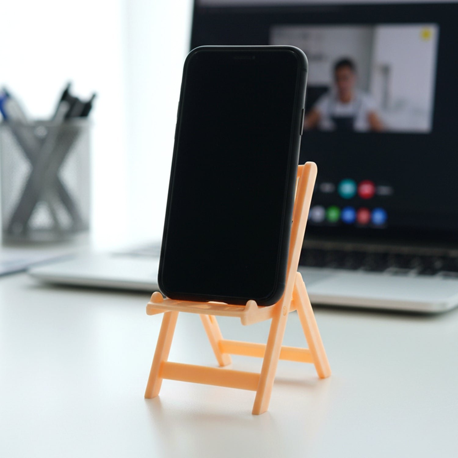 Mini Chair Mobile Stand Holder – Foldable & Portable Peach Phone Stand - Image 3