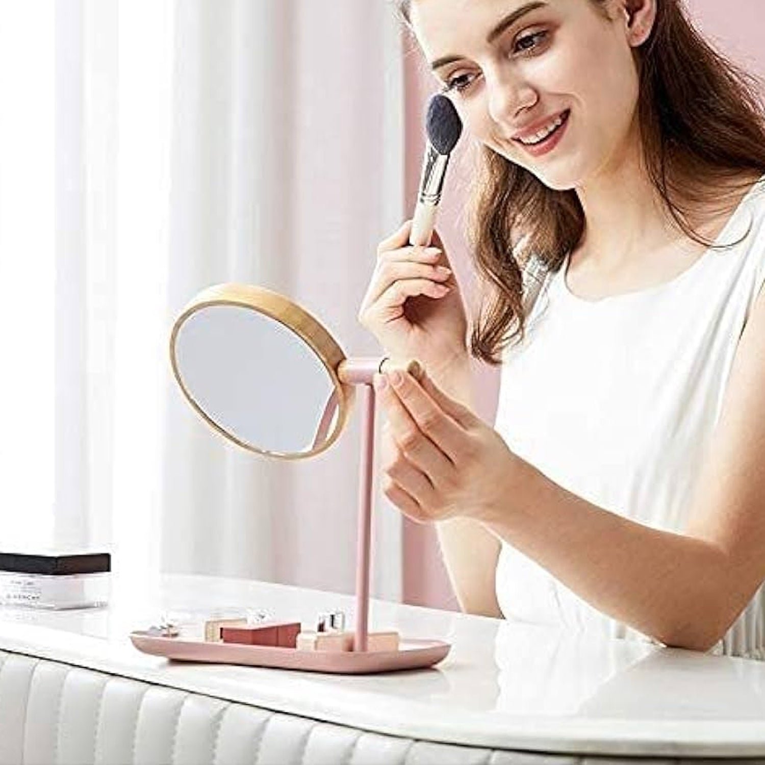 Tabletop Makeup Mirror – Modern Round Frame with Wooden Finish - Image 3