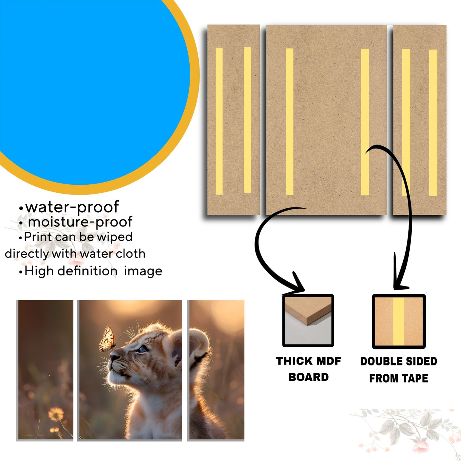 Lion Cub Wall Art – Vibrant 3-Panel MDF Wall Decor - Image 3