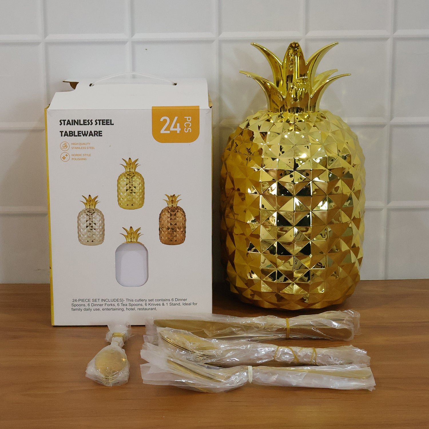 Gold Stainless Steel Cutlery Set – Luxury 24-Piece with Pineapple Stand - Image 8