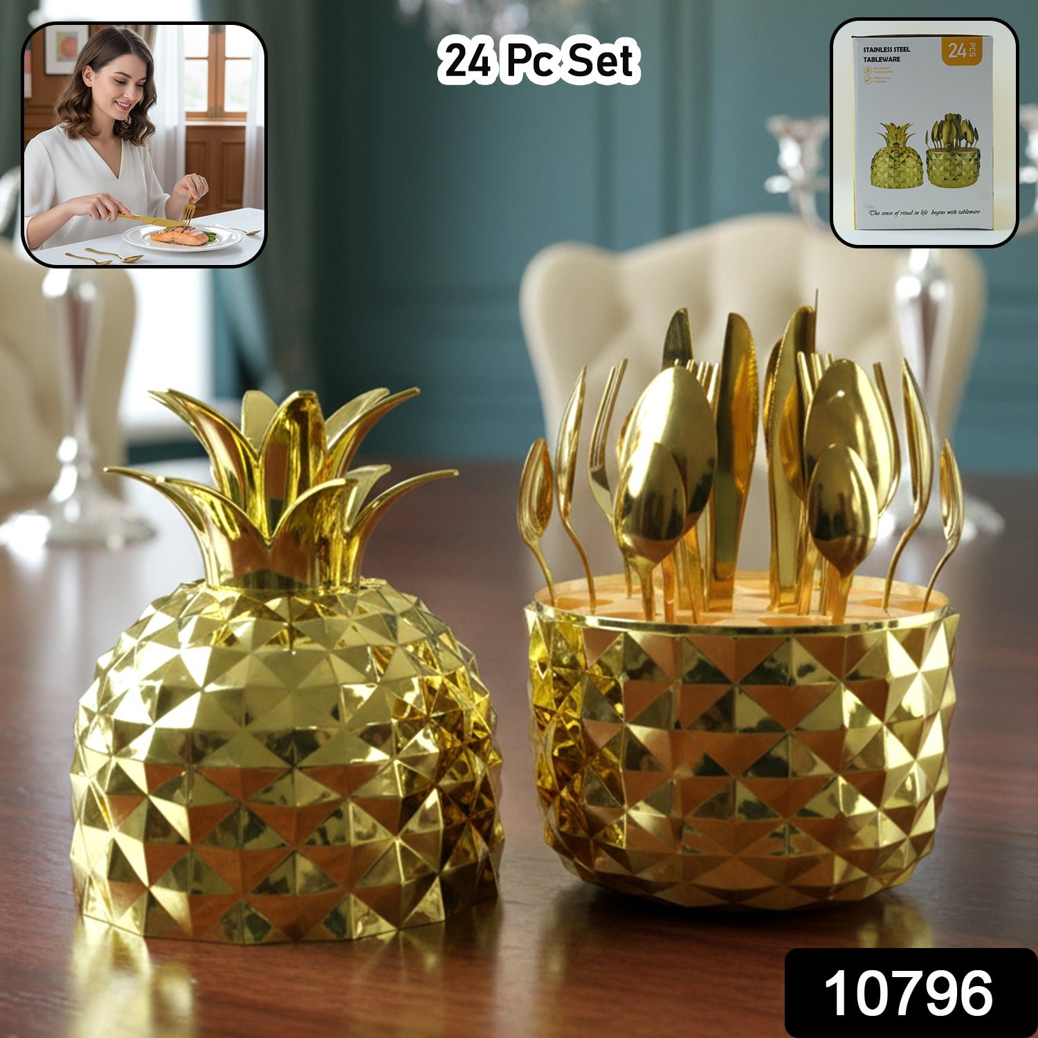 Gold Stainless Steel Cutlery Set – Luxury 24-Piece with Pineapple Stand - Image 2