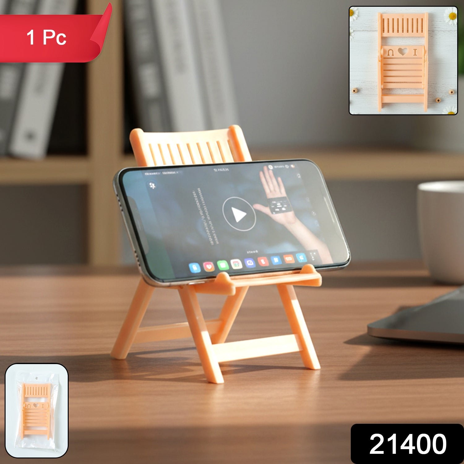 Mini Chair Mobile Stand Holder – Foldable & Portable Peach Phone Stand - Image 2