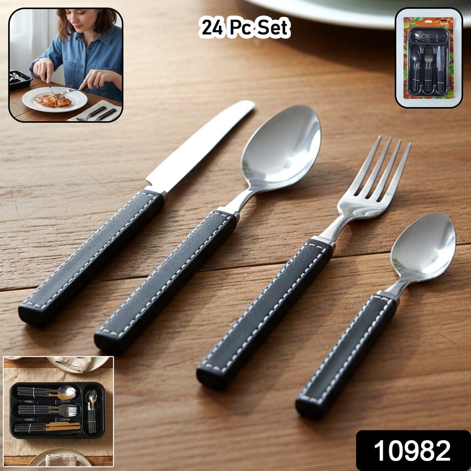 Stainless Steel Cutlery Set – 24-Piece with Plastic Handles & Tray - Image 2
