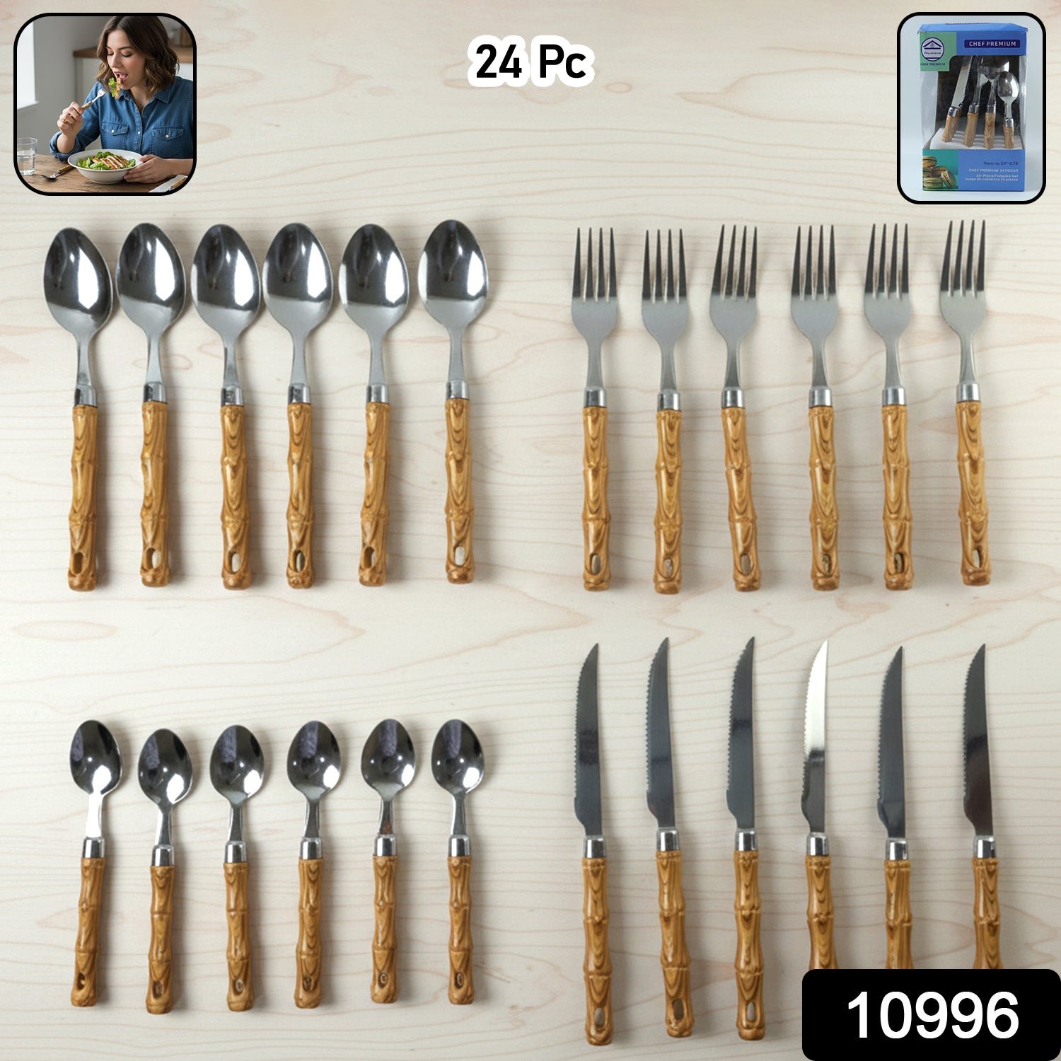 Stainless Steel Cutlery Set – Elegant Wooden Handle, 24 Pieces - Image 2