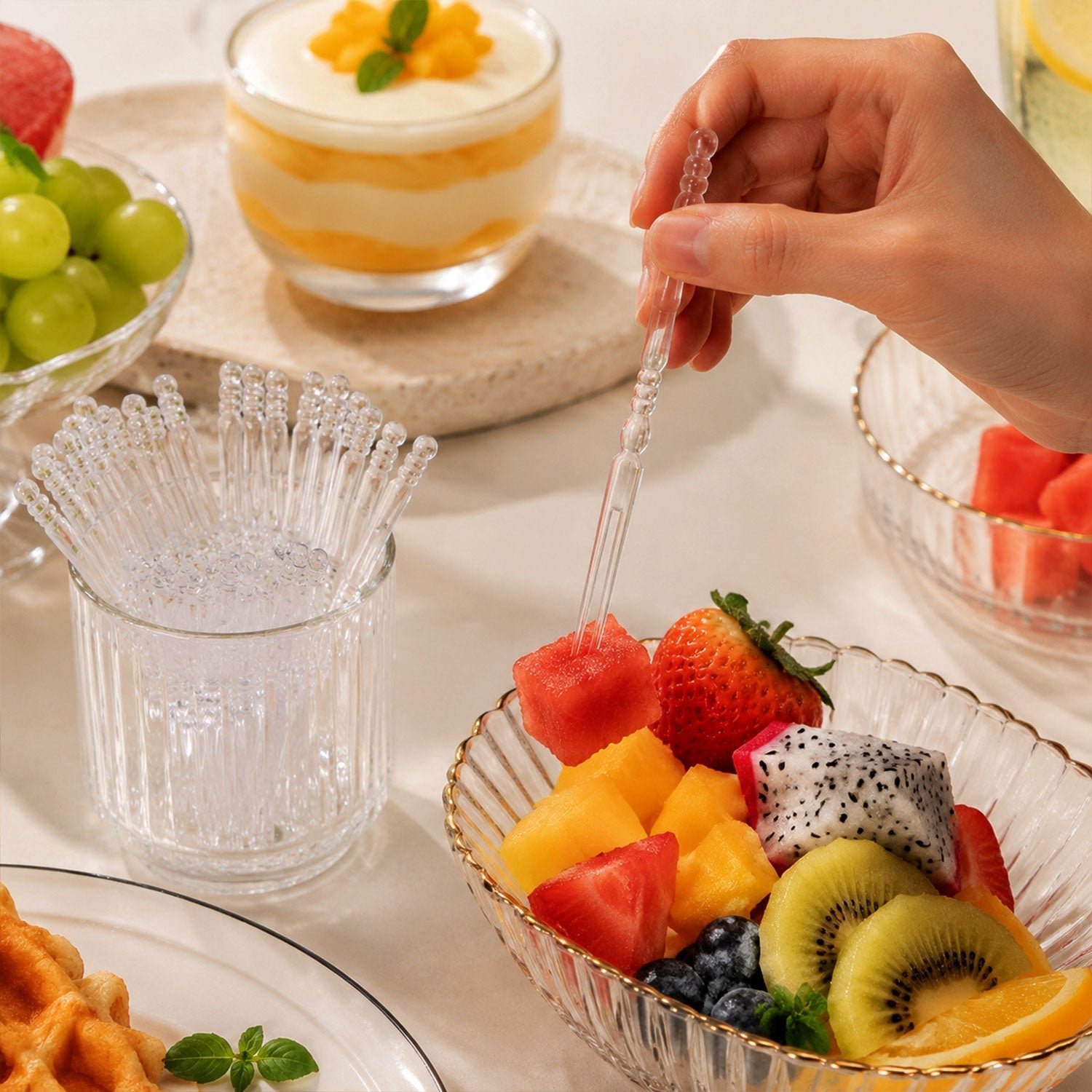 Mini Disposable Plastic Fruit Fork – Elegant Beaded Handle Design - Image 3