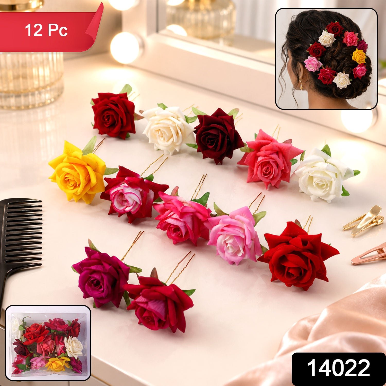 Flower Hair Pin Set - Colourful Floral Accessory (12 Pcs) | Calm & Curl - Image 2