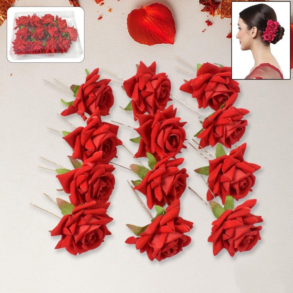 Red Rose Hair Clip - 12 Pc Bridal Flower Pins for Women | Calm & Curl