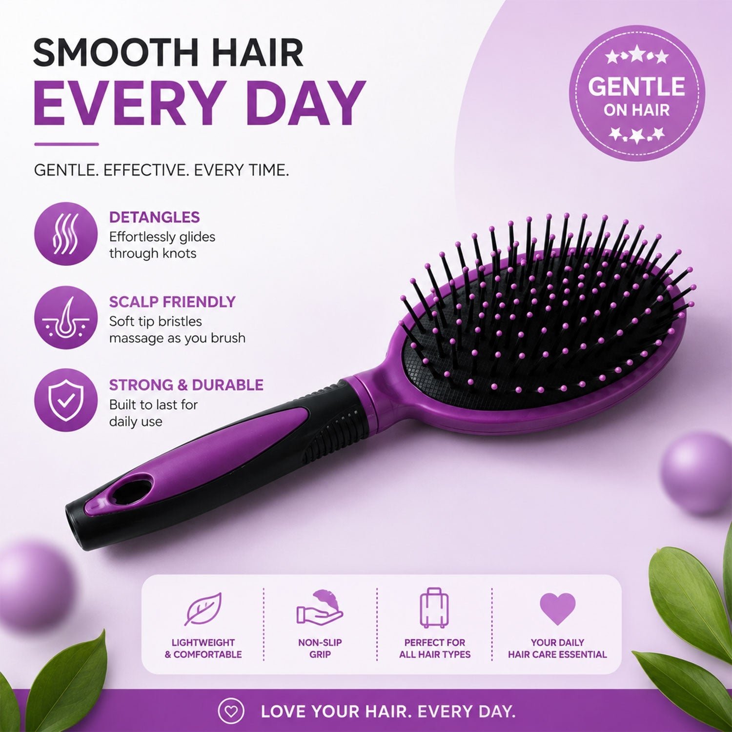 Cushioned Paddle Hair Brush – Detangling & Frizz Control for All Hair - Image 2