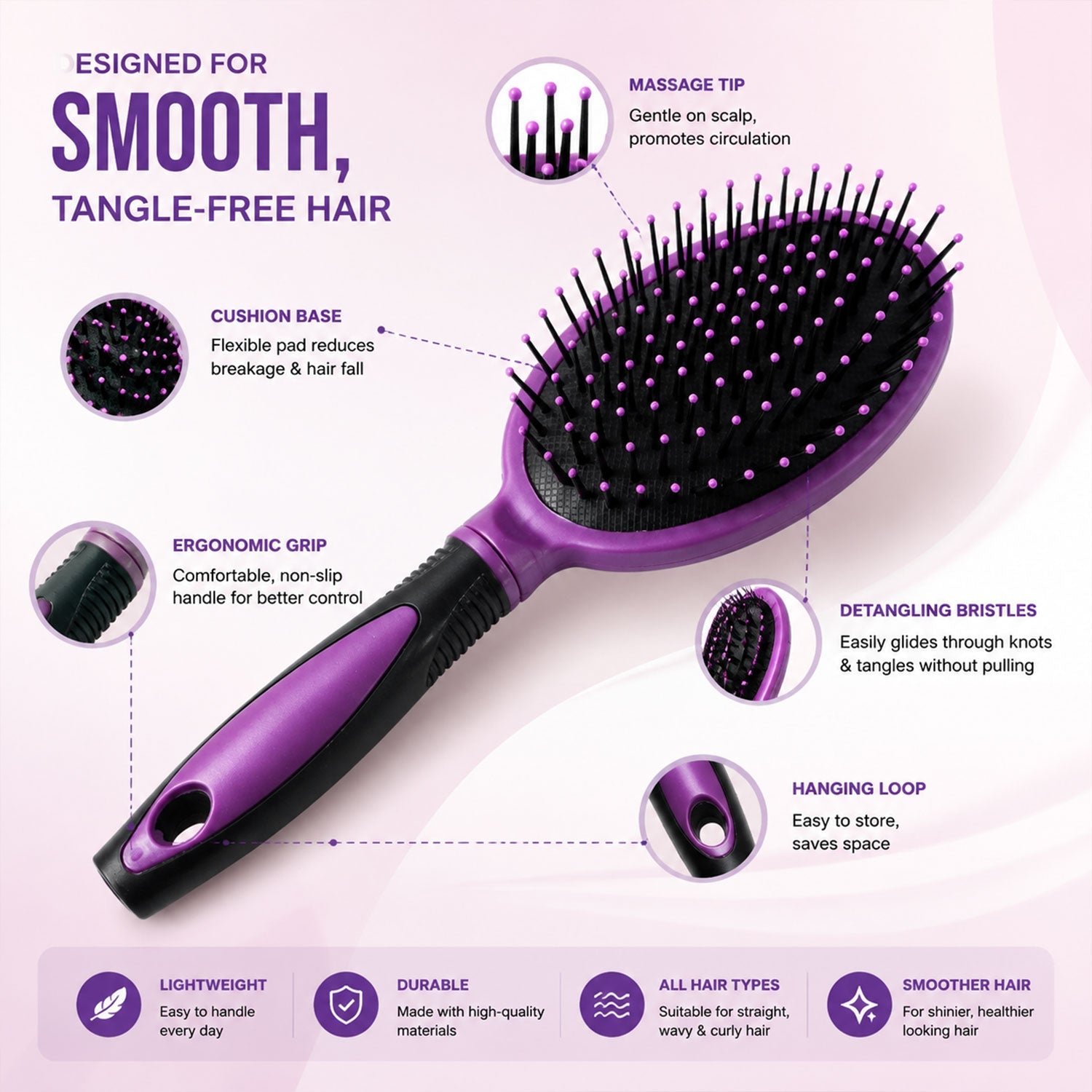 Cushioned Paddle Hair Brush – Detangling & Frizz Control for All Hair - Image 3