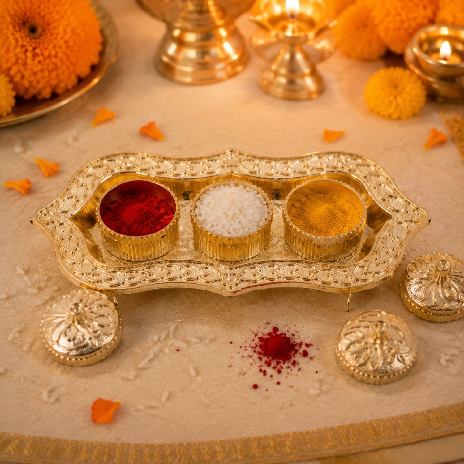 Kankavati – Elegant 3-Compartment Puja Holder for Sacred Rituals - Image 4