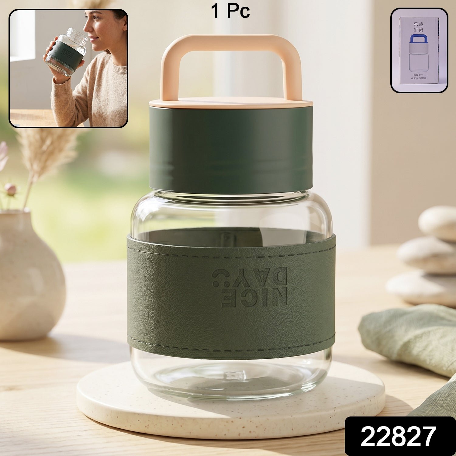 Glass Water Bottle – Stylish, Portable with Handle & Leather Sleeve - Image 2