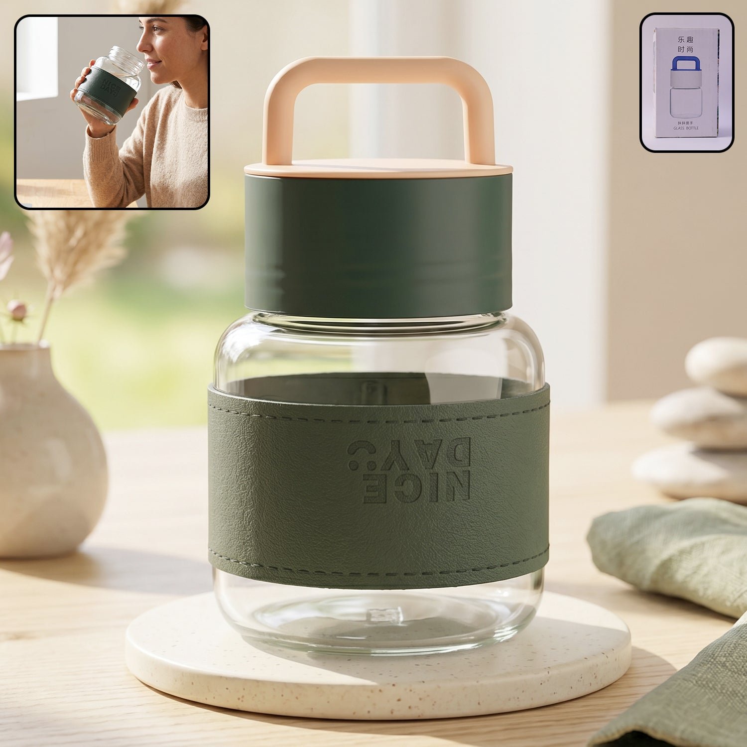 Glass Water Bottle – Stylish, Portable with Handle & Leather Sleeve - Image 3