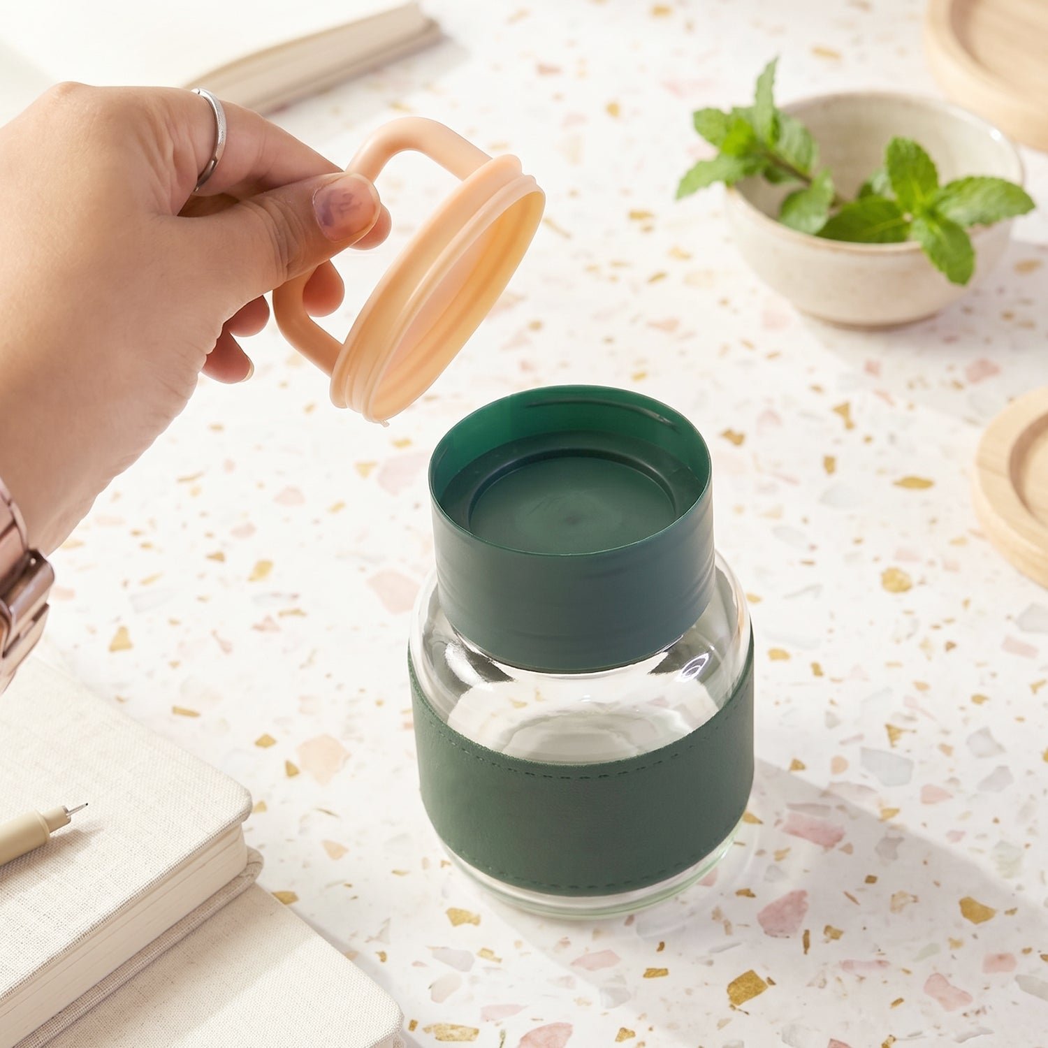Glass Water Bottle – Stylish, Portable with Handle & Leather Sleeve - Image 4