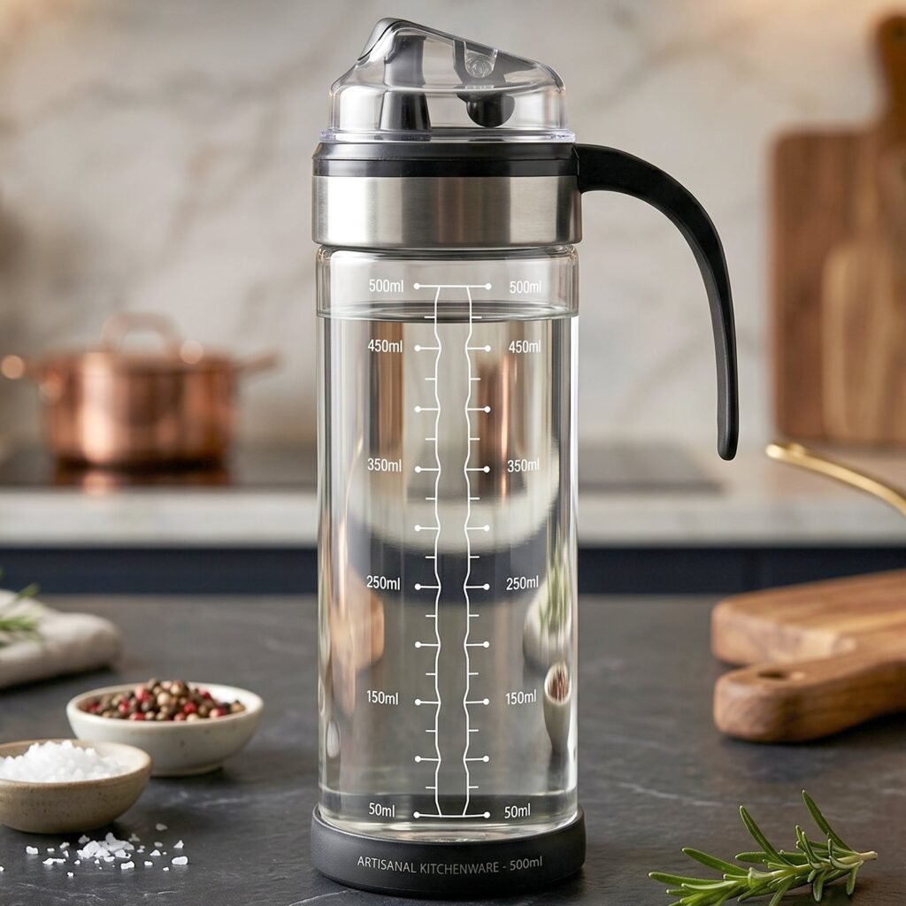 Glass Oil Dispenser Bottle – Leak-Proof, Auto Flip Lid & Handle
