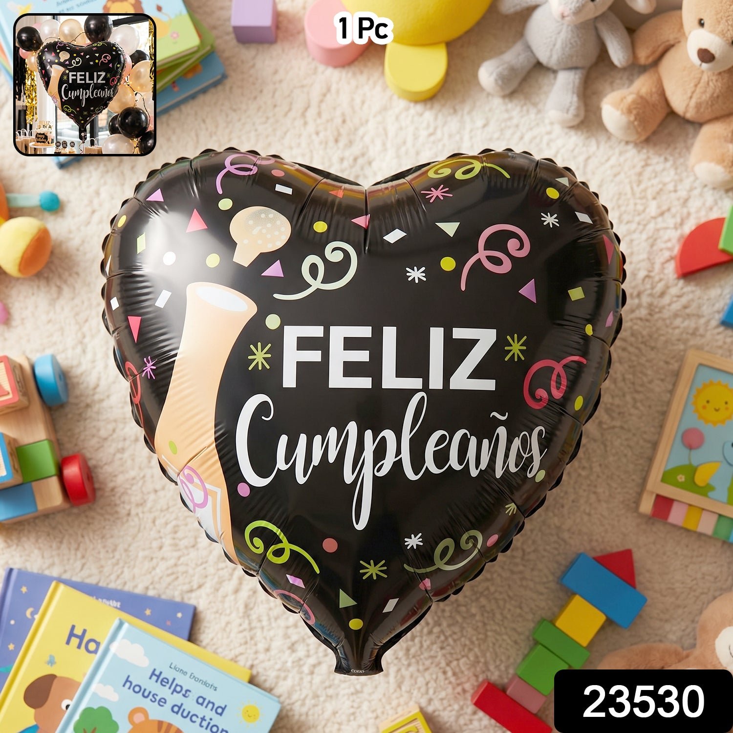 Black Heart Feliz Cumpleaños Foil Balloon – Bright Party Decor - Image 2