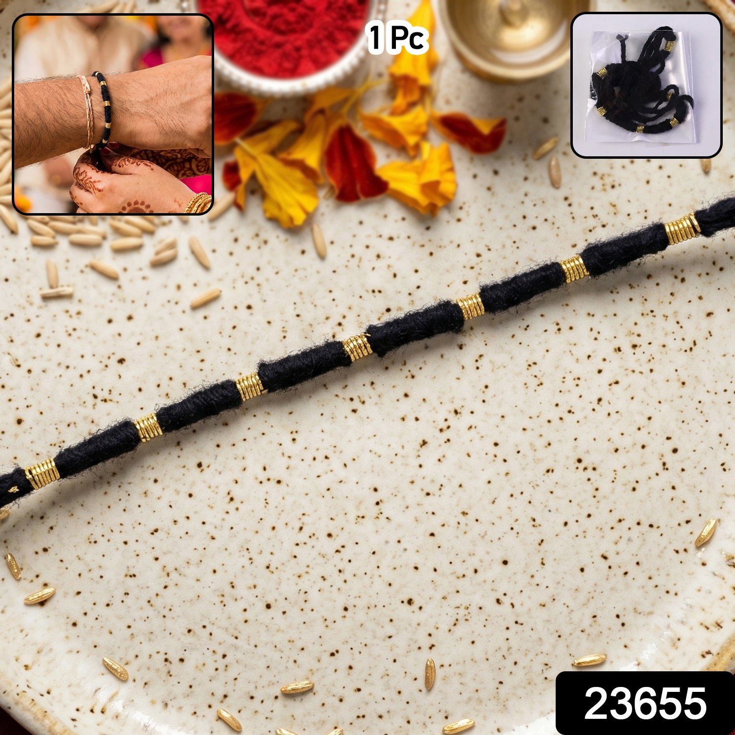 Rakhi – Handmade Black Thread with Gold Beads for Raksha Bandhan - Image 2
