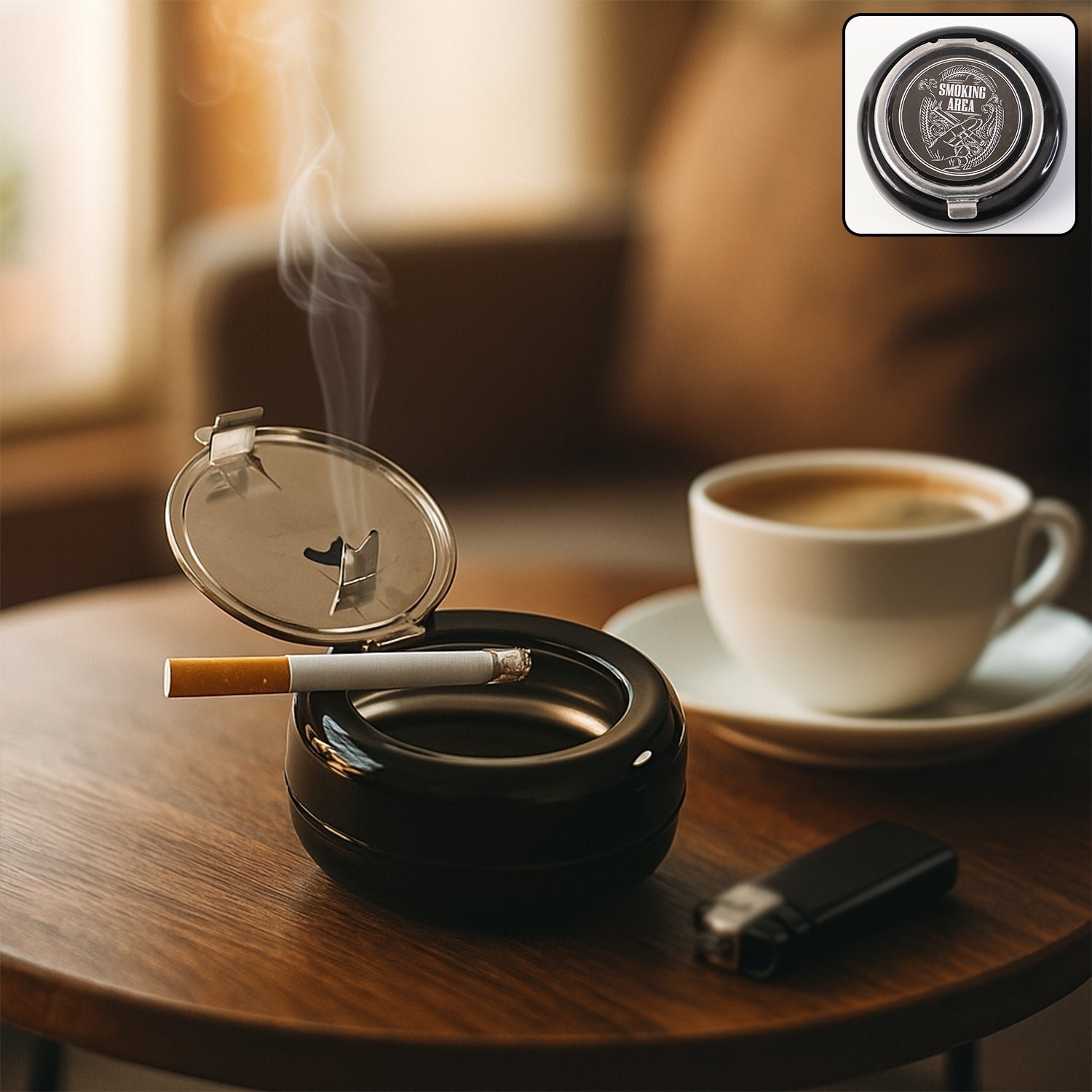 Round Smokeless Ashtray with Lid – Windproof & Easy Clean