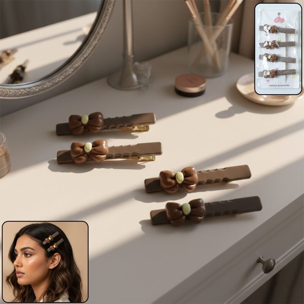 Bow Design Decorative Hair Clips Set – Elegant Snap Clips (4 Pc)