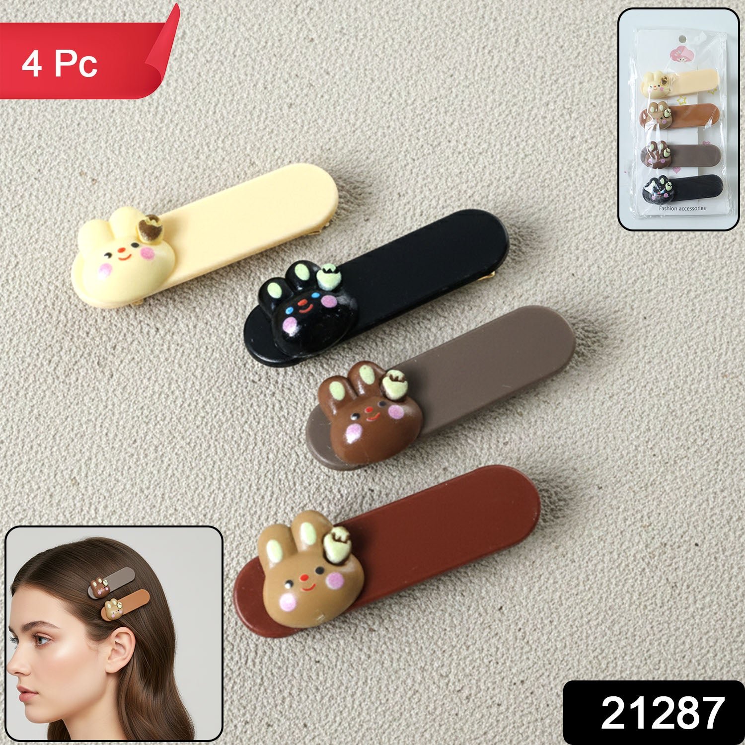Bunny Face Hair Clips – Cute Decorative Snap Set of 4 - Image 2