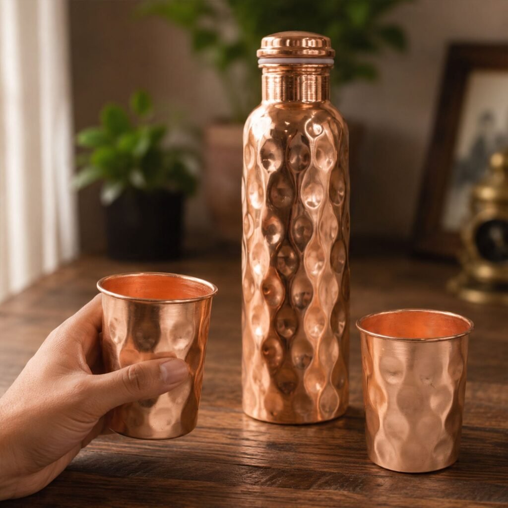 Copper Water Bottle Set - Diamond Cut & 2 Glasses | Own Hydrate