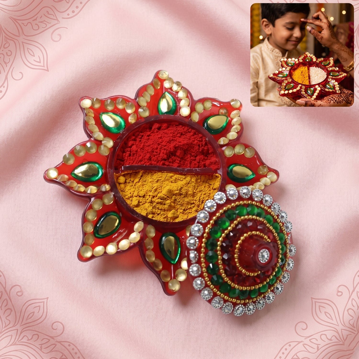 Decorative Kumkum Dani – Handcrafted with Stone Work Lid - Image 2