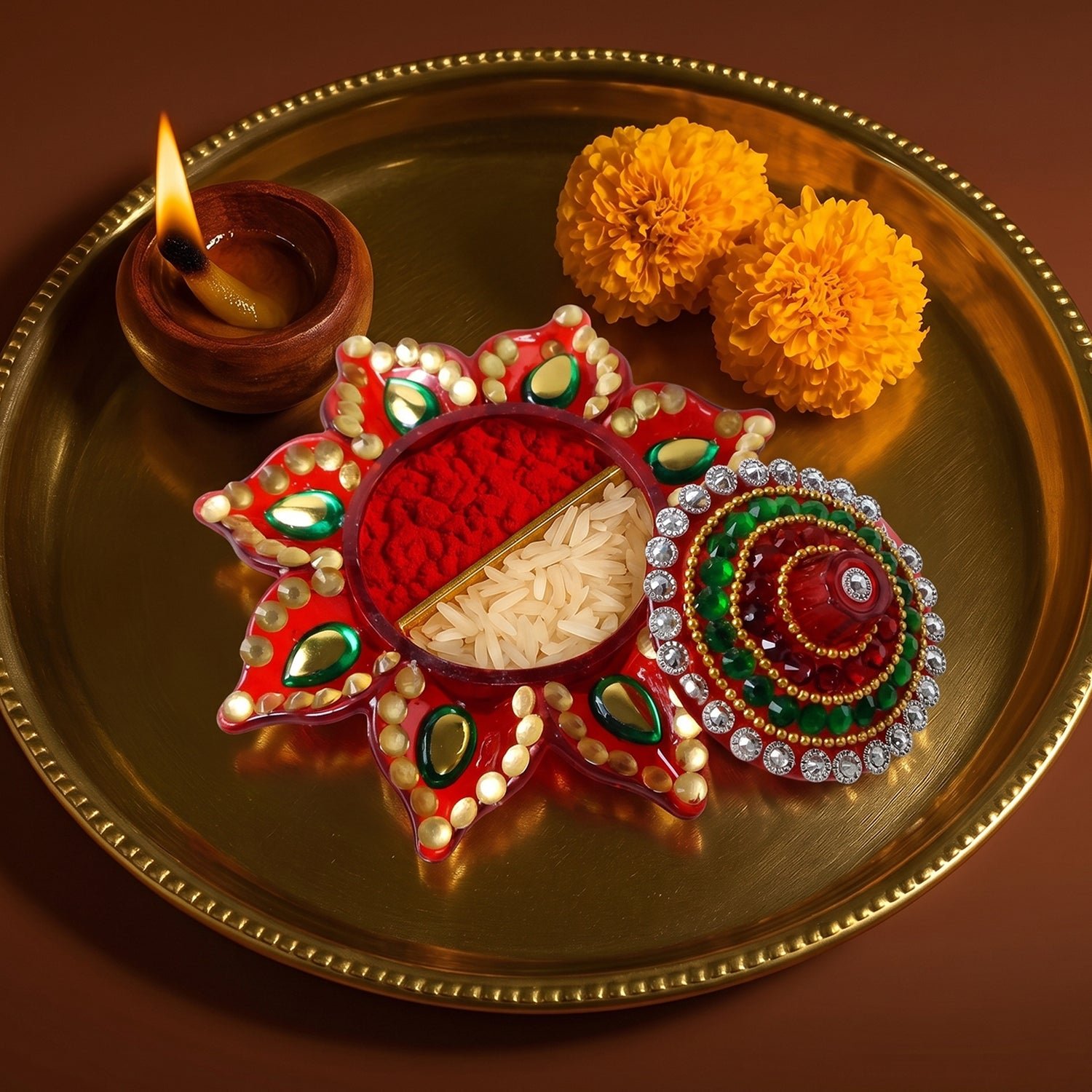 Decorative Kumkum Dani – Handcrafted with Stone Work Lid - Image 3