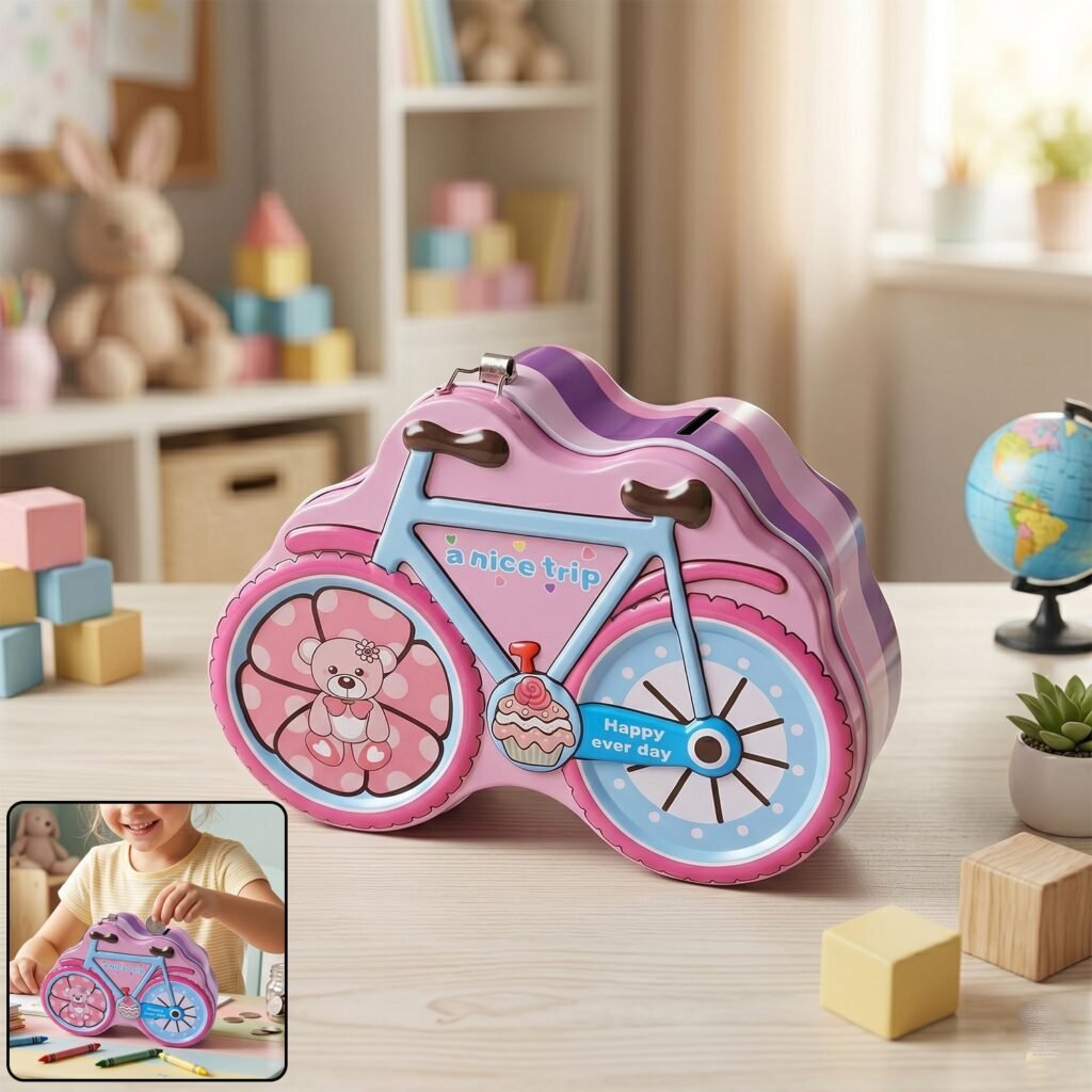 Bicycle Shape Piggy Bank – Colourful Kids’ Saving Toy with Lock