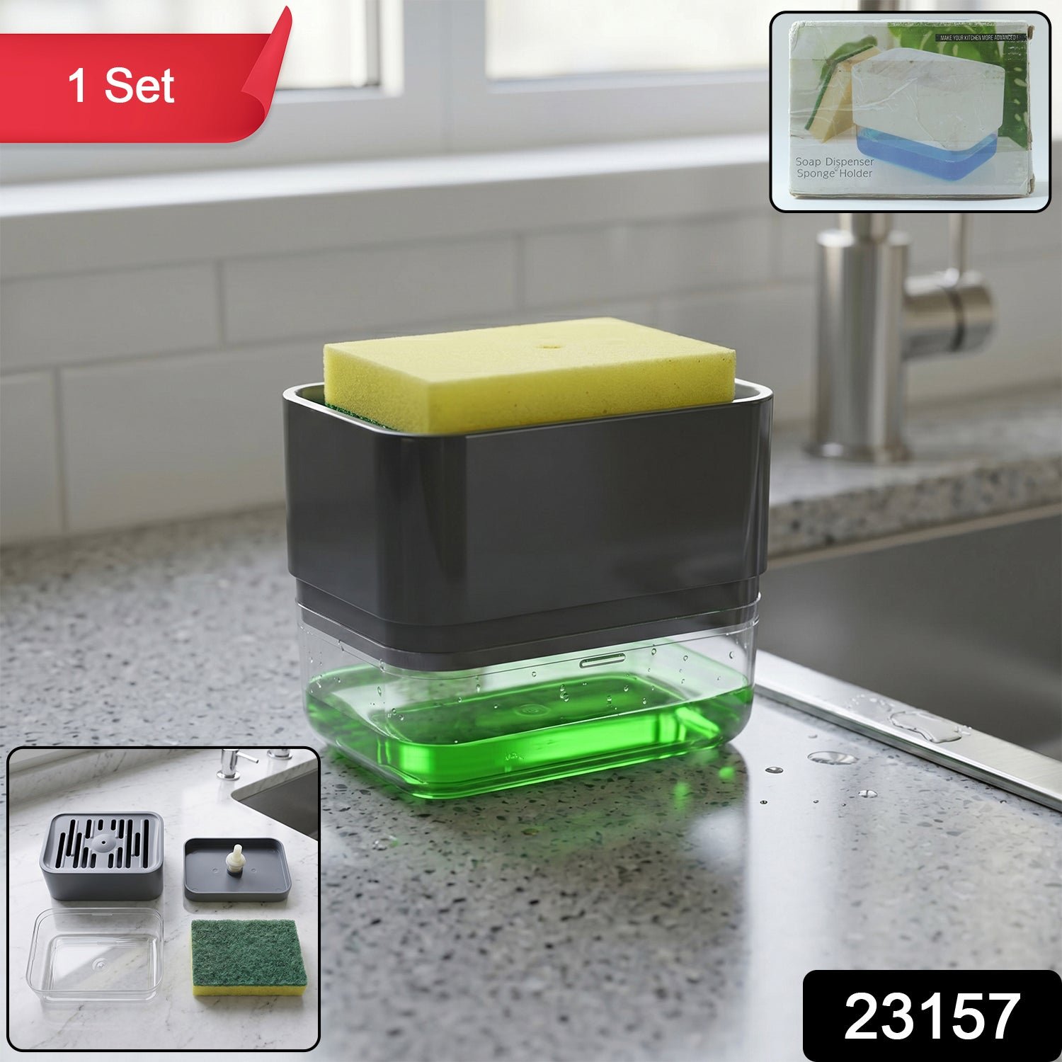 Soap Dispenser with Sponge Holder – Space-saving Kitchen Organizer - Image 2