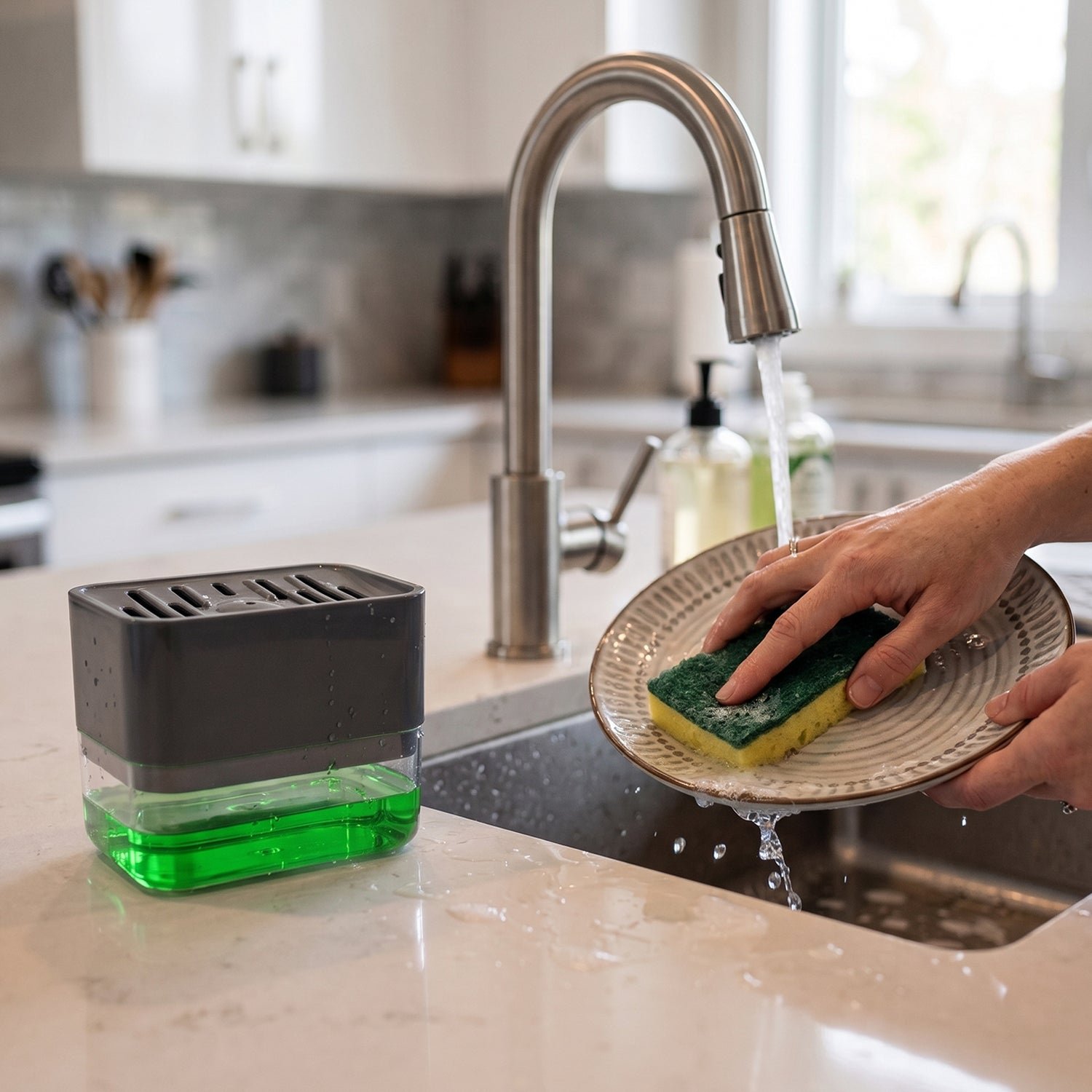 Soap Dispenser with Sponge Holder – Space-saving Kitchen Organizer - Image 4