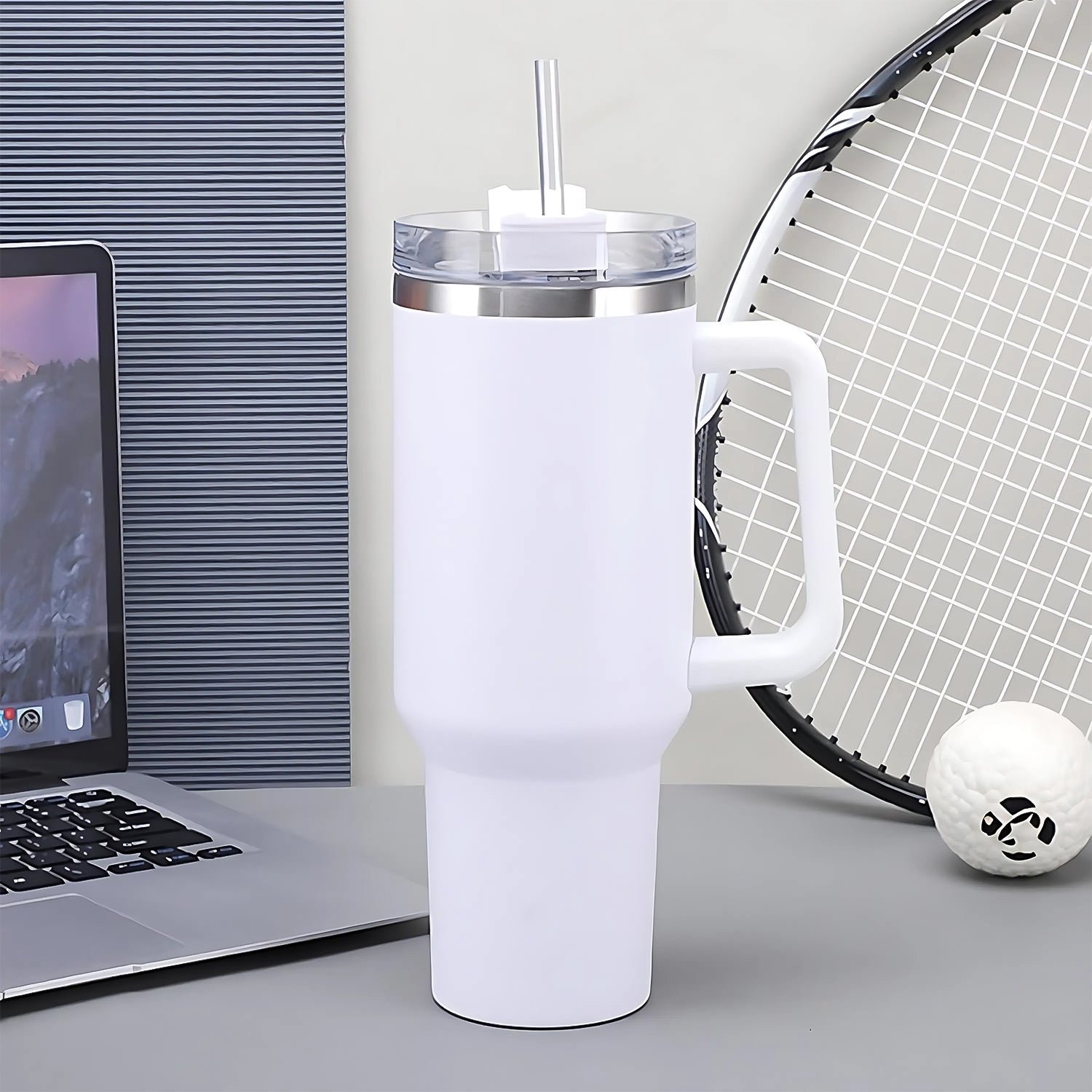 Insulated Stainless Steel Travel Tumbler – 890 ML White with Handle - Image 3
